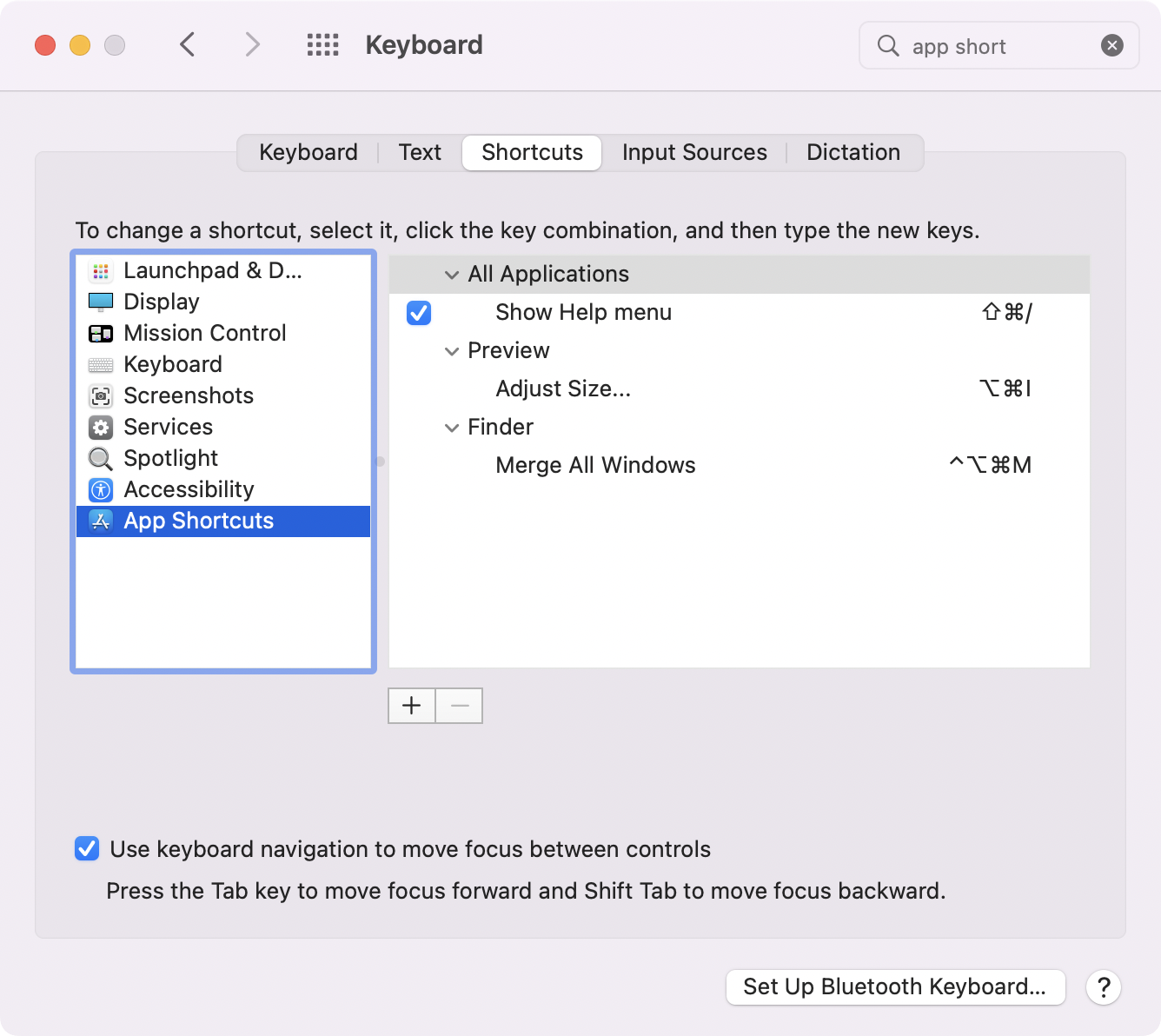 Set application shortcuts in System Preferences