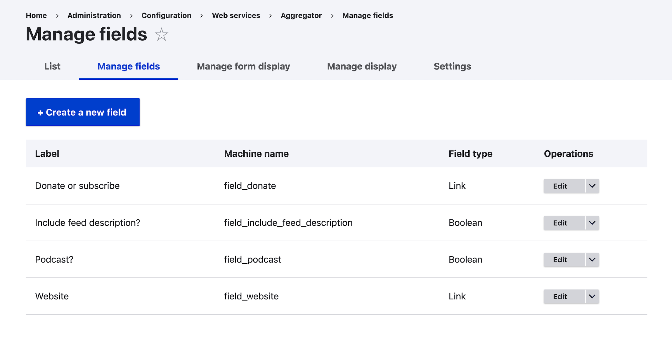 Screenshot showing custom fields added to Aggregator feeds.