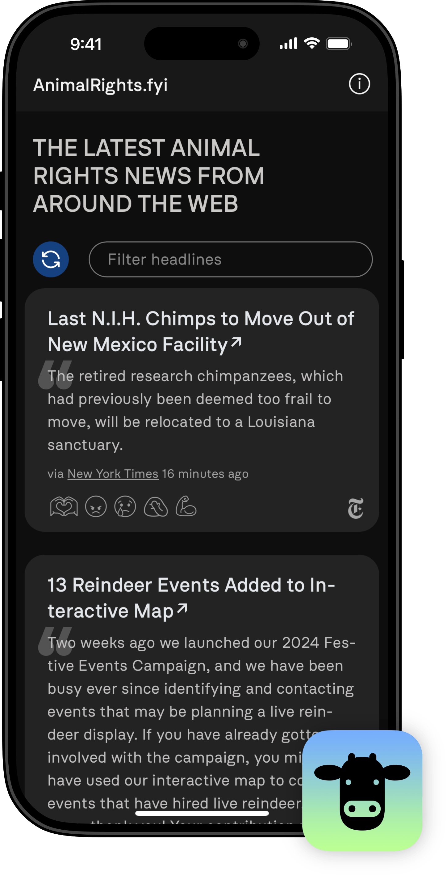 Mockup of AnimalRights.fyi in iPhone 16 case
