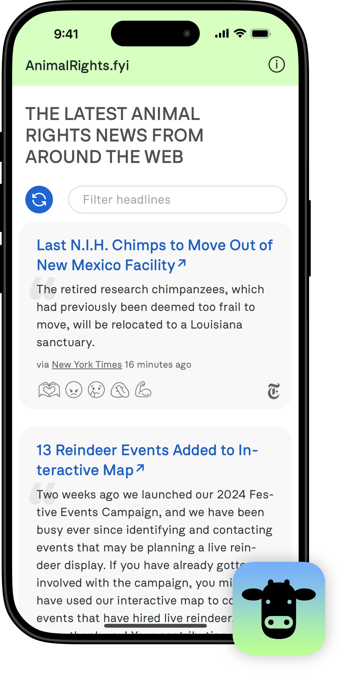 Mockup of AnimalRights.fyi in iPhone 16 case